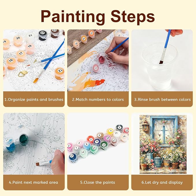 Gemozaic Rustic Paint by Numbers Kit for Adults - Farmhouse Cottage Window | Paint by Number for Adults Canvas, Vintage Flowers DIY Acrylic Numbers Painting, Home Wall Decor, Gift, 16x20 IN, Unframed