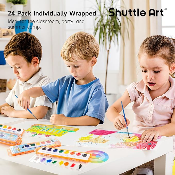 Shuttle Art 24 Pack Watercolor Paint Set, 8 Colors with Paint Brushes & Color Wheels, Washable for Kids & Adults, Suitable for Classroom, Parties, Kindergarten & Art Activities