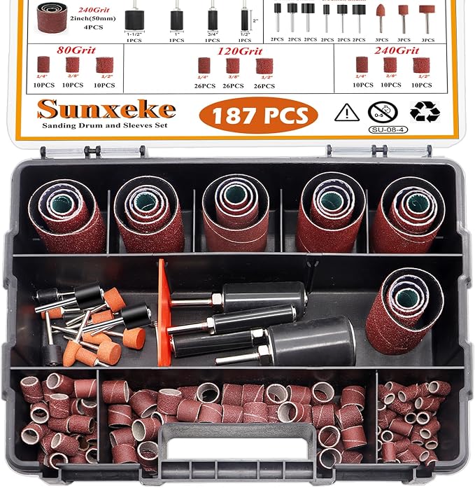 187-Piece Sanding Drum Kit for Drill & Drill Press – Includes 2inch Spindle Sander Sleeves (60/80/120/240 Grit), 4 Rubber Sanding Drums, 1/4-Inch Shank,Versatile Sander Accessory with Box