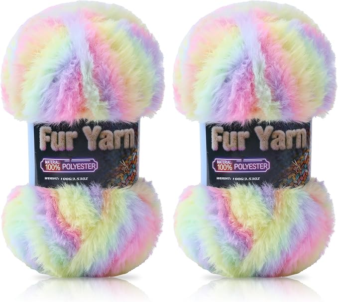 Faux Fur Yarn Soft Fluffy for Crocheting - 2 Skeins(Each 3.5oz/100g, 71yd/65m) - Chunky & Fluffy Yarn for Crochet Amigurumi, Blankets, Hand Knitting, Scarves &Crafts (2, Colorful Yellow+Pink+Purple)