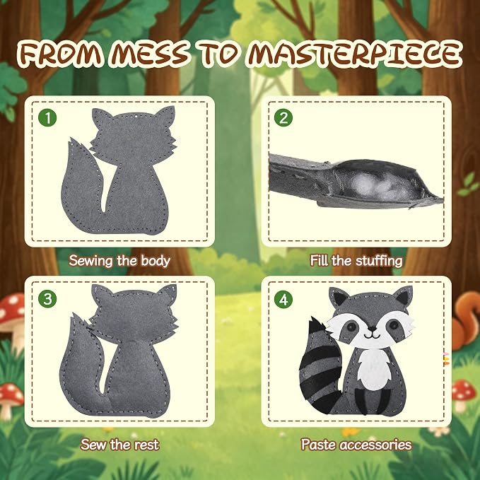 GOASION Sewing Kit for Kids, 12 Pcs Woodland Animals Craft Set, Ages 5+