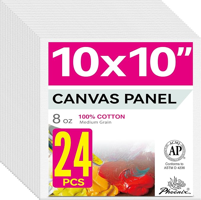 PHOENIX Painting Canvas Panels 10x10 Inch, 24 Bulk Pack - 8 Oz Triple Primed 100% Cotton Acid Free Square Canvases for Painting, White Blank Flat Canvas Boards for Acrylic, Oil Paints