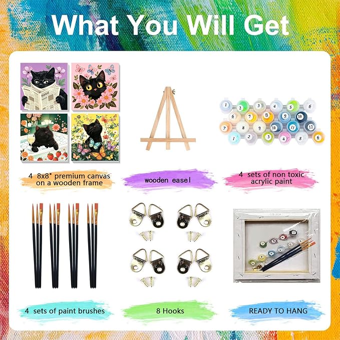 4 Pack Cat Paint by Numbers for Adults with Framed Canvas - Wooden Easel | Black Cat Paint by Number on Canvas, DIY Flower Acrylic Oil Painting Kits with Brushes for Home Wall Decor (8x8 inch)