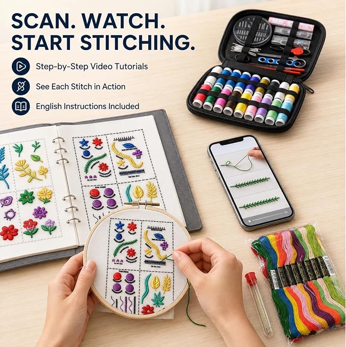 Embroidery Kit for Beginners, 138-Pattern Embroidery Stitch Book with Hoop & 89-Piece Tool Set, Portable Loose-Leaf Hand Embroidery Starter Kit for Adults & Teens, Home, Travel and Craft Classes
