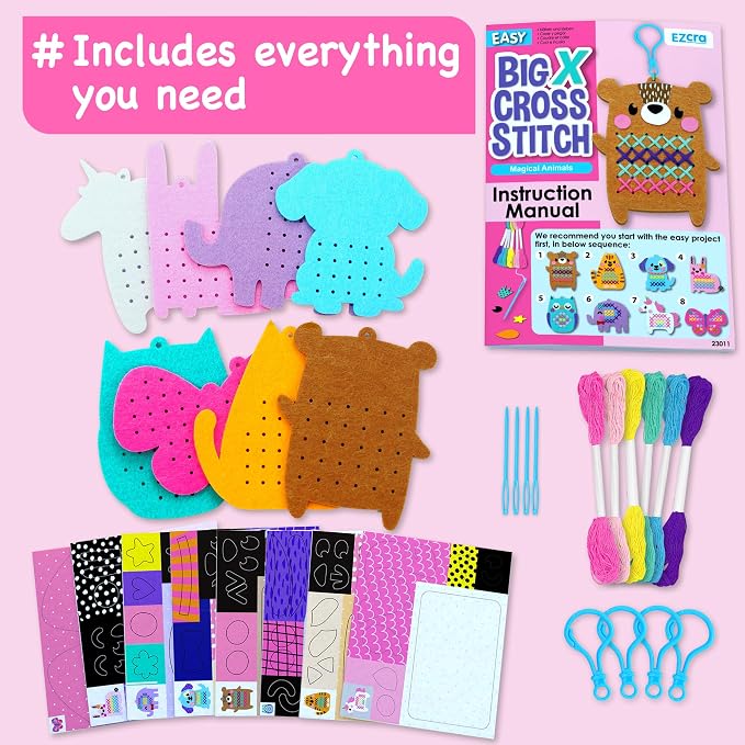 EZCRA My First Cross Stitch Kit for Kids Ages 4-8, 8 No Mess Felt Animals
