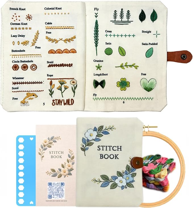 Linhao Jew Embroidery Stitch Book Kit for Beginners, Embroidery Starter Set for Adults DIY Hand Sewing Kits with Threads&Tools，Step-by-Step Video Tutorials