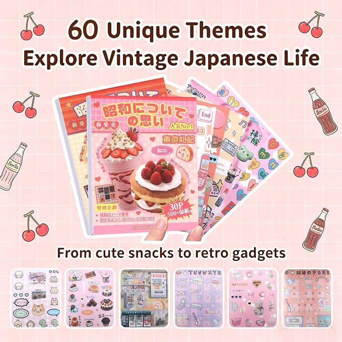 Tmtains 1000+Pcs Japanese Sticker Book for Scrapbook 60 Sheets Heisei Retro Korean Stickers for Journaling Aesthetic Japanese Sticker Book for Adults DIY Crafts Junk Journal (Pink & Apricot Dessert)