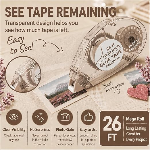 MARCADORUS Glue Tape Roller, Double Sided Scrapbook Tape, 208 Ft Total | 8-Pack_26Ft x 0.31In Tape Runner, Adhesive for Photos, Scrapbooking, Card Making, Paper Crafts & Journaling Supplies