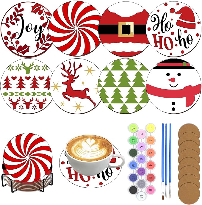 8 Pack Christmas Paint by Numbers Kits Coasters with Holder Cork Pads | Xmas Paint by Number Kits for Adults Simple Round Oil Painting Coaster for Small DIY Craft Holiday Birthday Gift 3.9x3.9in