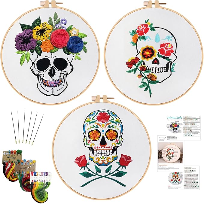 Nuberlic 3 Pack Embroidery Kit for Beginners, Halloween Skull Cross Stitch