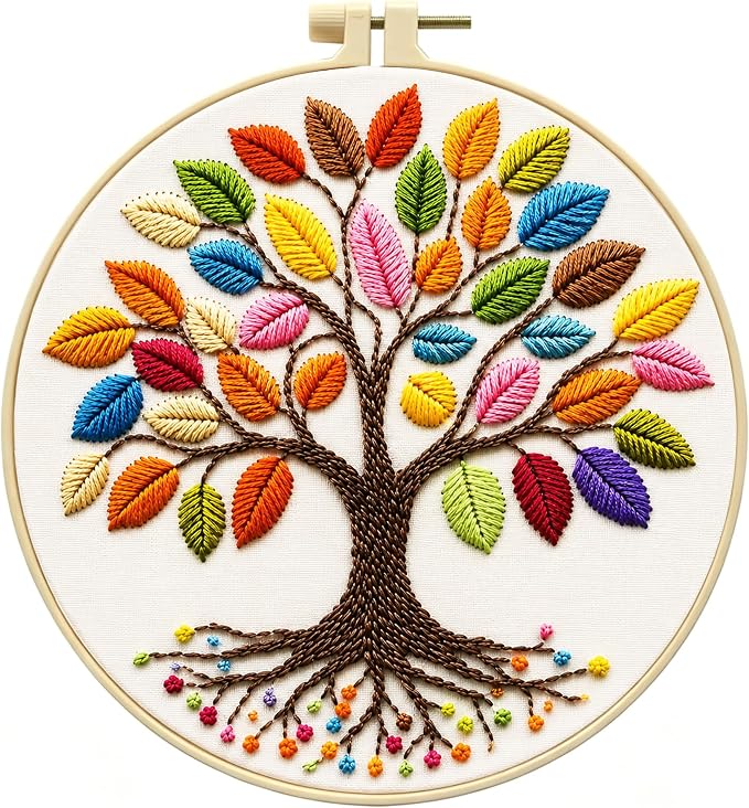 Zhenqing Rainbow Tree of Life Embroidery Kit for Beginners - 29x29cm Printed Fabric with Hoop & Full Tools (C0060)