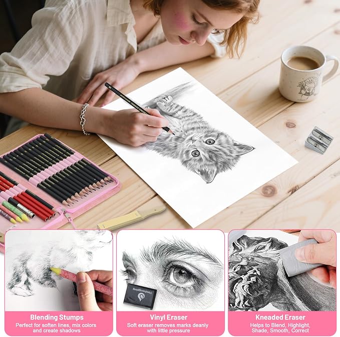 Heshengping, Sketching and Drawing Pencils Set 26pcs, Art Supplies Drawing pencil Kit,Graphite Charcoal Professional Pencils Set, Adults Beginners Artist