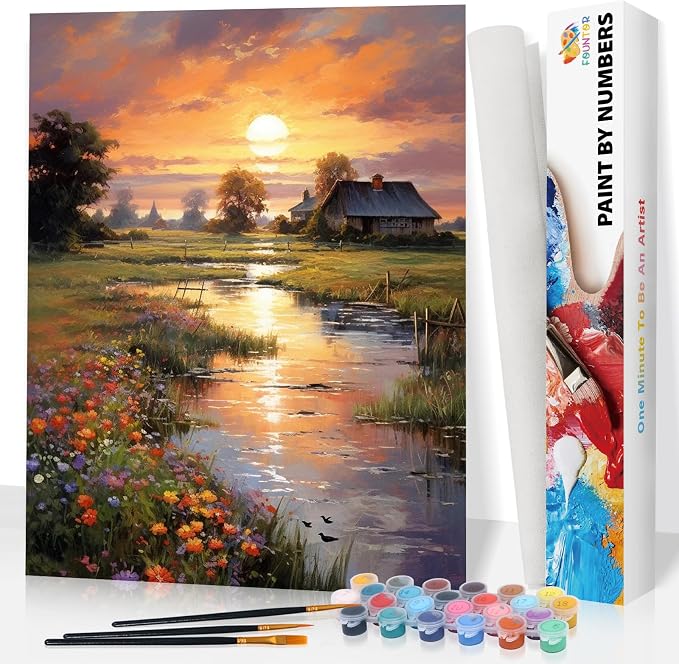 Sunset Paint by Numbers Kit for Adults Beginner 16x20 Inch, Countryside | With Rolled Canvas, DIY Acrylic Painting by Numbers Riverside Cabin Landscape, Stress Relief Craft Kits, For Home Decor Gift