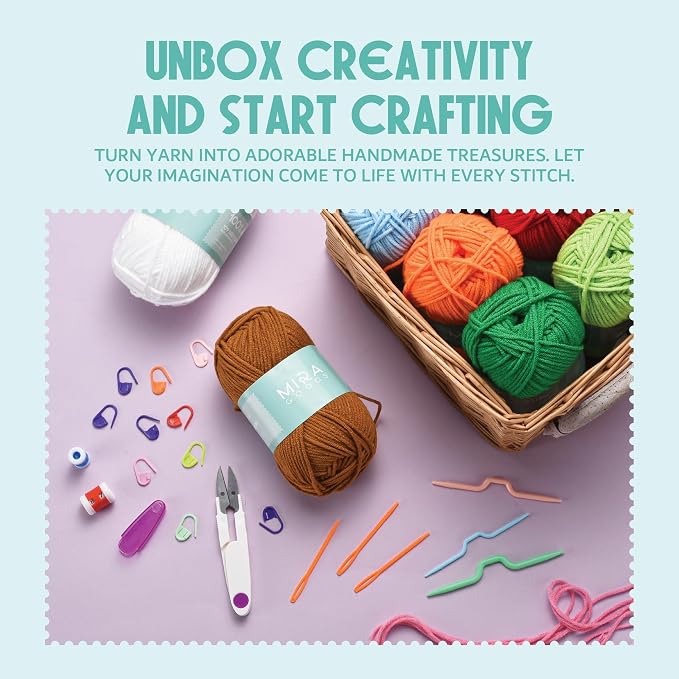 Mira HandCrafts Crochet Kit for Beginners - Essentials Set with 12 Acrylic Yarn Skeins and Other Knitting Accessories, Including Ruler, Hooks, Needles, Stitch Holders, Row Counters, Measuring Tape