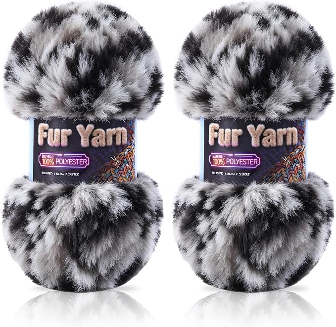 Faux Fur Yarn Soft Fluffy for Crocheting - 2 Skeins(Each 3.5oz/100g, 71yd/65m) - Chunky & Fluffy Yarn for Crochet Amigurumi, Blankets, Hand Knitting, Scarves &Crafts (2, Black + White)