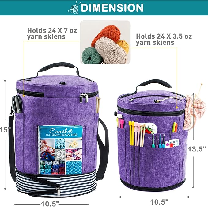 MYBAGZING Expandable Crochet Bag - Knitting and Yarn Storage Organizer Tote with Zipper Closure - Ideal Gift for Crocheting Accessories and Supplies