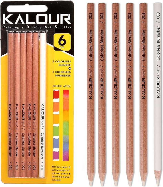 KALOUR Colorless Blender and Burnisher Pencils Set,Non-pigmented, Wax Based Pencil,perfect for Blending Softening Edges,ideal for Colored Pencils,Art Supplies for Artists Beginners(6 Pencils Total)