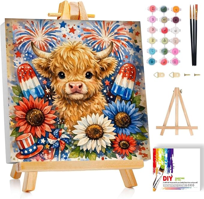 Gemozaic 4th of July Framed Paint by Numbers Kit for Adults and Kids 8-12, Patriotic Highland Cow Paint by Number Kits for Adult for Independence Day Gift, Home, Office, Wall Decor, 8 x 8 Inch