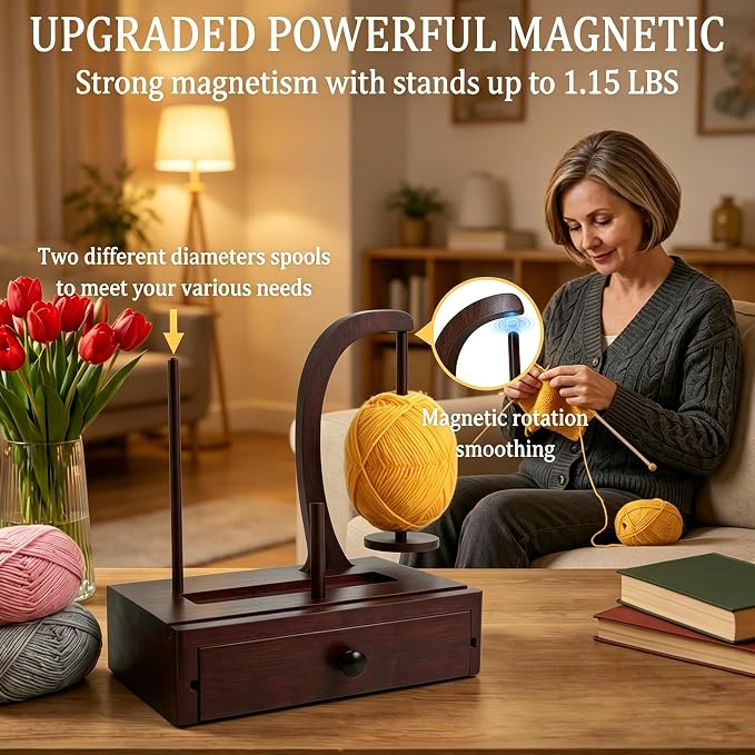 Ojdn hvy Upgrade Yarn Holder for Crocheting, Larger Size Wooden Magnetic Rotating Yarn Spinner with 2 Spindles, Large Storage Box, Perfect Crochet Gift for Knitting Lovers, Women, Mom, Grandma