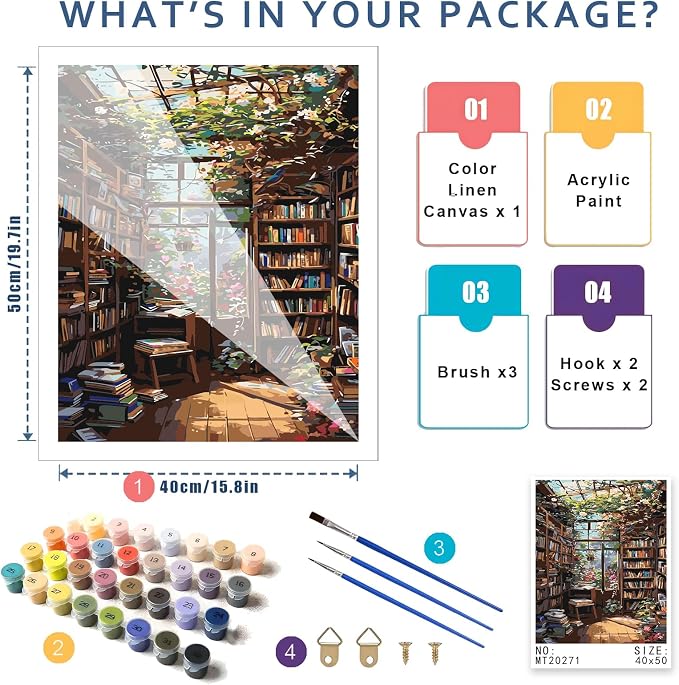 Bookshelf Paint by Number for Adult, Paint by Numbers for Adults Landscape | Scenery Paint by Numbers, Paint by Numbers for Adults Beginner for Gift Home Wall Decor (Bookshelf, 16x20 inch) Frameless