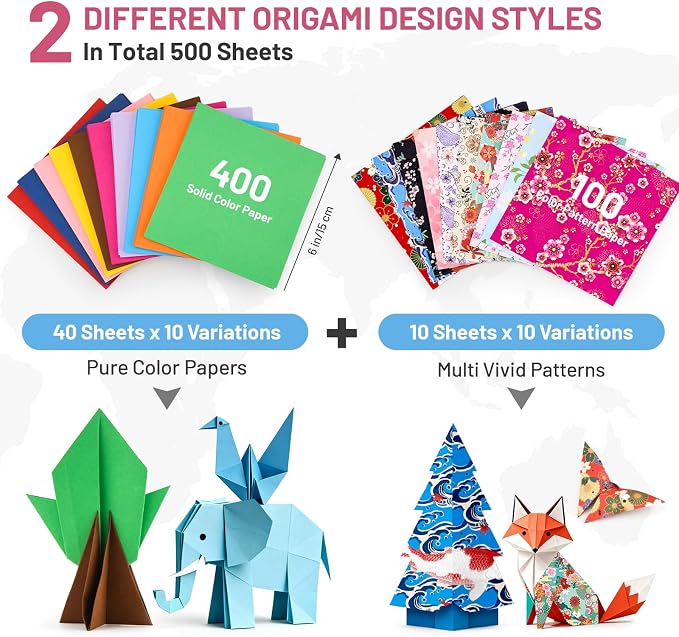 AluAbi 500pc Japanese Origami Paper Kit for Kids 5-12