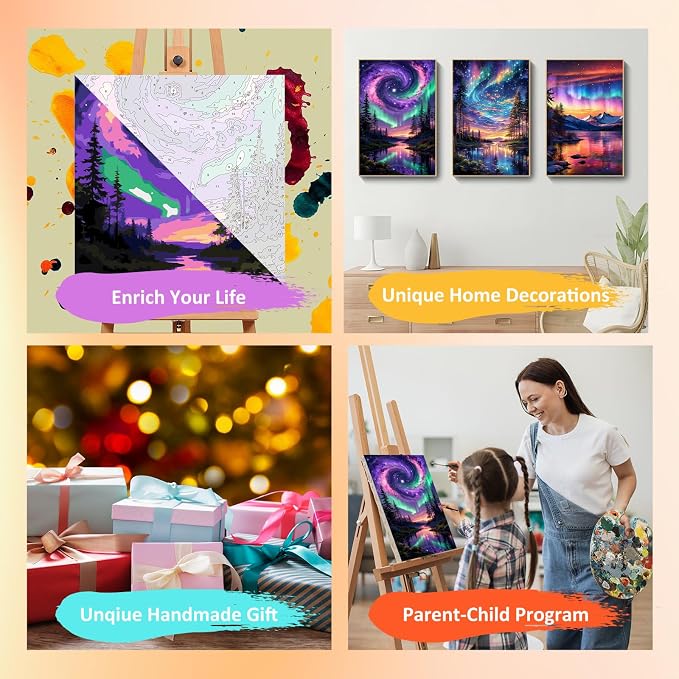 Mandun Aurora Paint by Numbers Kit for Adults, 3 Pack, 7.8x11.8 inch | DIY Painting Kits Crafts for Adults, Relieve Stress, Frame Canvas, Wooden Easel, Gift Box, Home Wall Decor