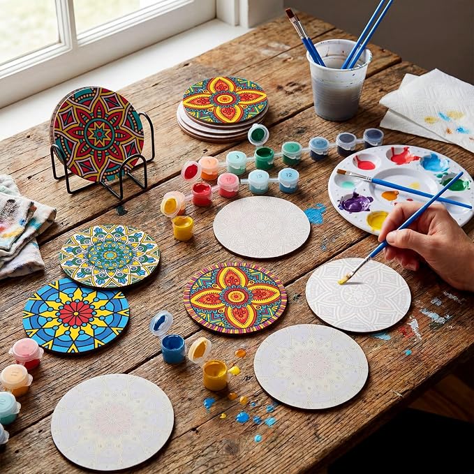 Reallnaive 8 Pcs Mandala Paint by Numbers Kit for Adults Wooden Coasters | Mini Floral Paint by Numbers, Tiny Flower Round Oil Painting Drink Coaster with Holder, for Small DIY Craft Birthday Gift