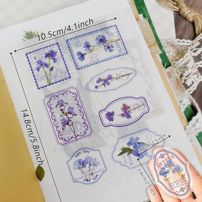 Bomichi 120 Pcs Flowers Stamp Stickers, Vintage Aesthetic Scrapbook Supplies for Junk Journal Bullet Therapy Planner Laptops Card Making Supplies