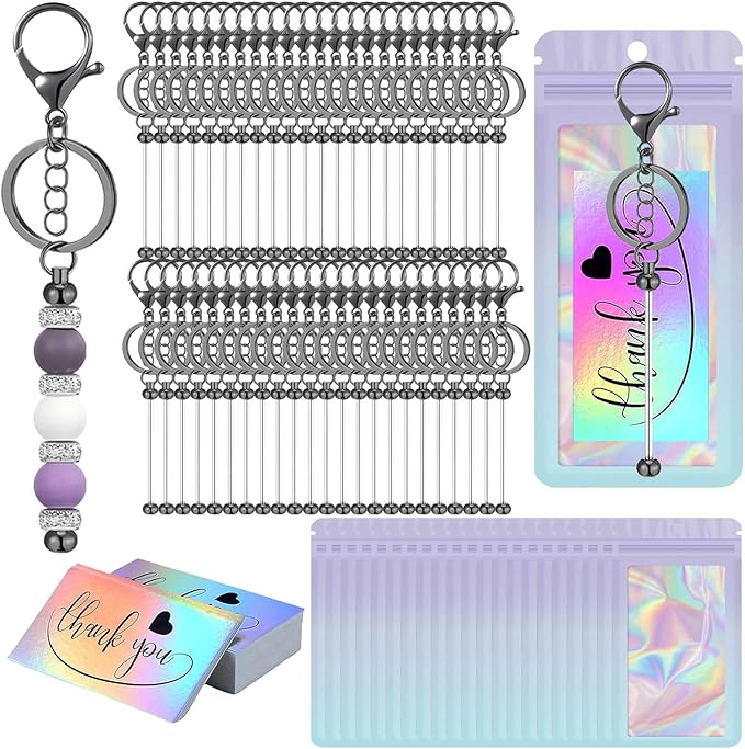 42/84/126 Pcs Beadable Keychain Bars Bulk Blank DIY Beaded Keychain Making Supplies with Bag Thank You Card