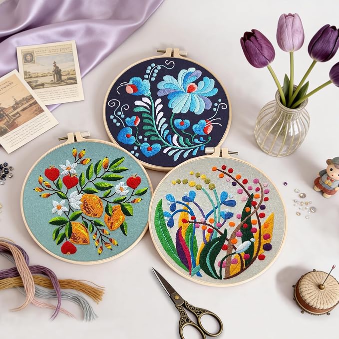 Uniartfy 3 Pack Embroidery Starter Kit for Beginners, Stamped Cross Stitch Kits for Adults with Flowers Plants and Fruits Patterns with 1 Embroidery Hoop and Color Threads, Handmade Needlepoint Kits