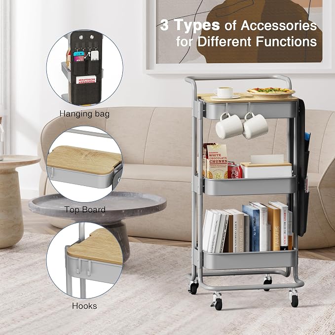 DTK 3-Tier Rolling Cart with Table Top, Metal Utility Cart with Side Bags