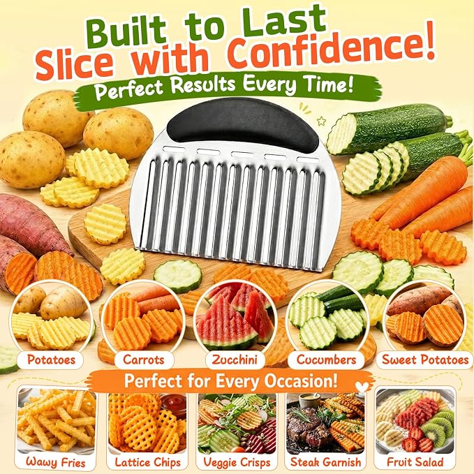 JAYVAR Large Crinkle Cutter French Fry Cutter, Stainless Steel Wavy Slicer