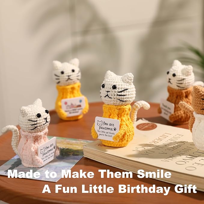 Cute Crochet Cat Birthday Gifts for Teen Girls | Handmade Yellow Cat with Birthday Card, Adorable Funny Kawaii Desk Decor for Daughter, Friends, Sisters