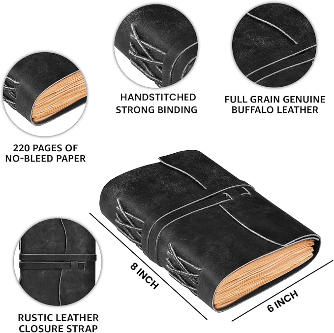 LEATHER VILLAGE Leather Bound Journal For Women Edge Cut, Black 8x6.