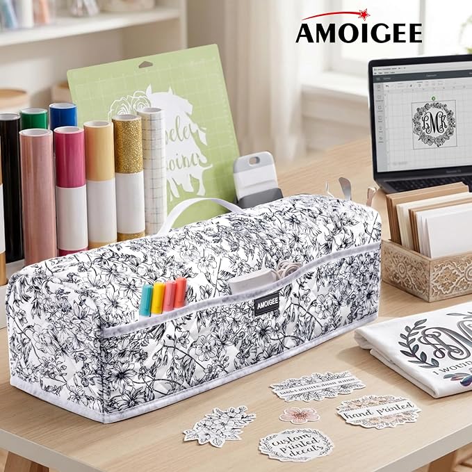 AMOIGEE Dust Cover for Cricuttt Maker 4 & Explore 4/3, Maker 3, Air 2, Quilted Protective Cover with Storage Pockets for Cutting Machine, Floral Fabric Anti-Dust Cover for Craft Machine Organizer