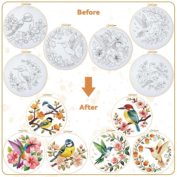 BEUNITONE 6 Set Embroidery Kit for Beginner Adults, Hummingbird & Flower Cross Stitch Set with Stamped Pattern Hoops Threads Cloth Needles, Embroidery Starter Kit for Home Decoration and Gifting