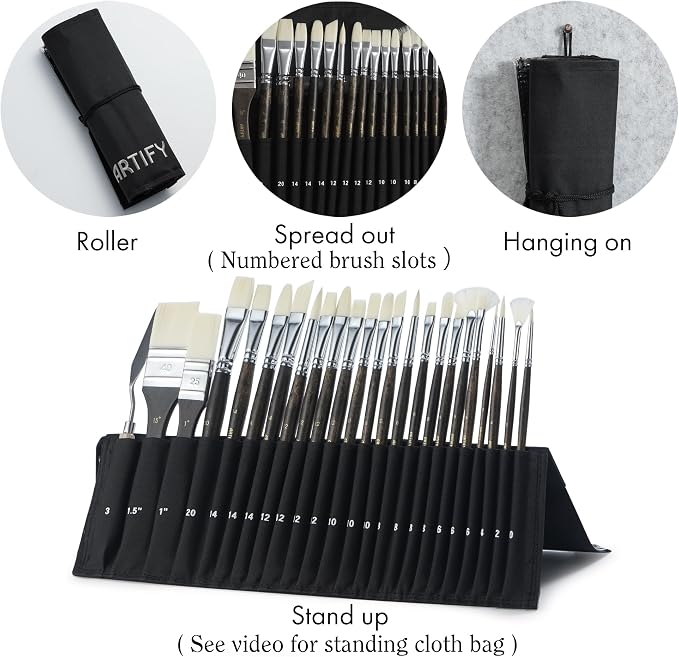 ARTIFY 24 Pieces Synthetic Hog Bristle Paint Brush Set – Expert Series Nylon Brushes for Acrylic, Oil Painting– No Shedding, Canvas Roll Case & Palette Knife, Artist Gifts Art Supplies