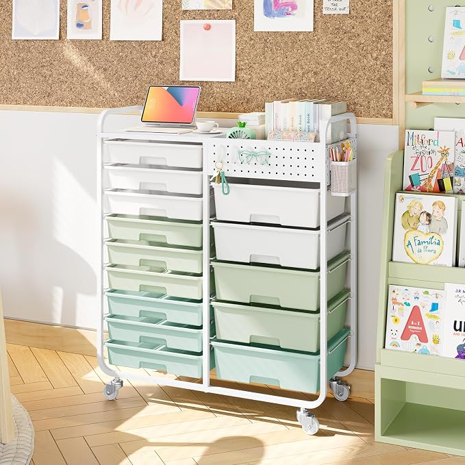 14 Drawer Rolling Storage Cart with Tabletop and Pegboard for Crafts Green | Easy Setup, Large Capacity, Sturdy Build, Smooth Mobility, For classroom, office and dorm supplies