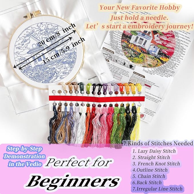 FONNUY Embroidery Kit for Beginners, Boho Nature Landscape Pre-Stamped Pattern Kits for Adults with Hoop, Easy to Follow Color Thread Needlework, 8'' Hoop (Flower House)
