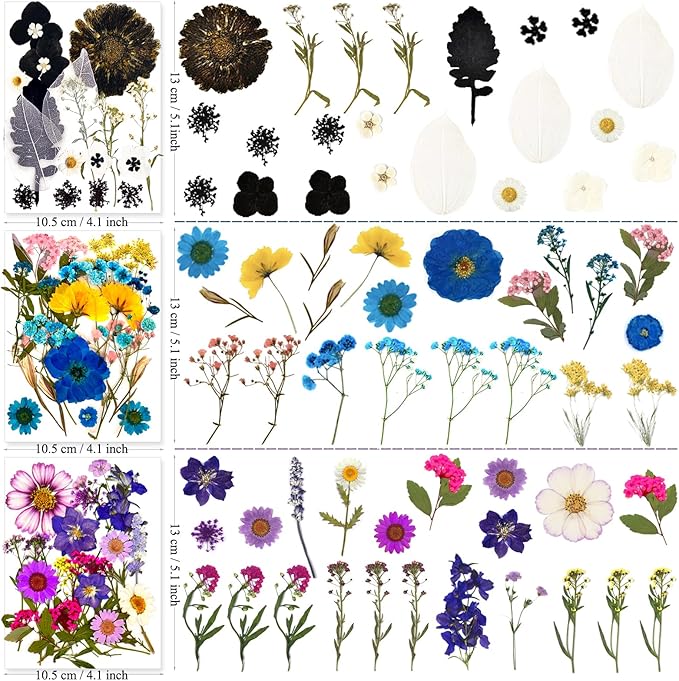 MIKIYA 133Pcs Dried Pressed Flowers for Resin Molds, Assorted Real Natural Bulk Dry Floral Leaves for DIY Art Crafts, Epoxy Jewelry, Soap, Candle Making, Nails Decor