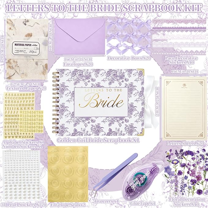Ratutodax Letters to The Bride Scrapbook Kit,10"x8" DIY Wedding Guest Book | Purple Floral;Lay-flat gold coil design;50 blank pages of 180gsm;Fits 5" x 7" photos;160+ accessories;Bridal Shower Gift