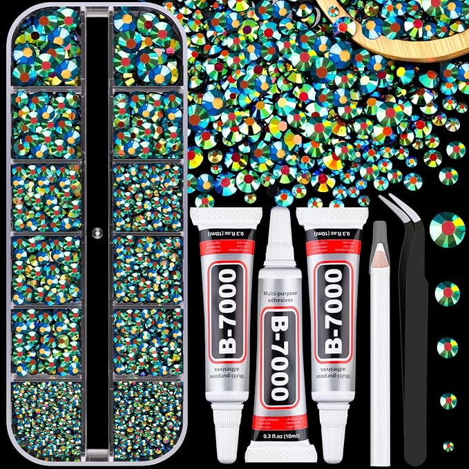 Resin Jelly Rhinestones for Crafting with B7000 Jewelry Glue, 1 Box Emerald Black Flatback Crystal with 3Pcs 10ml Glue, Bedazzling Non Hotfix Gems for DIY Tumblers Clothing Shoes Manicure