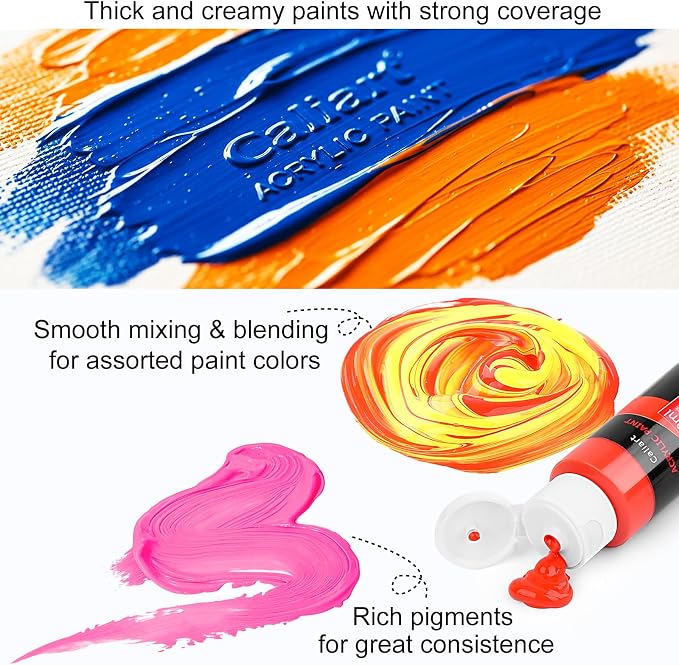 Caliart 24 Colors Acrylic Paint Set with 12 Brushes | Craft Painting kit for Adults Artists Beginners, Halloween Pumpkin Canvas Wood Rock Ceramic Fabric Art Supplies Paints