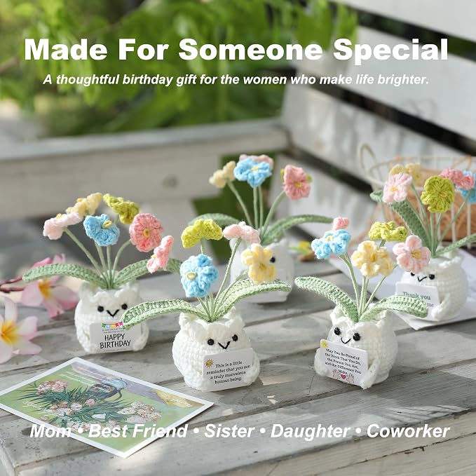Crochet Forget Me Not Flower Pot Birthday Gifts for Women | Happy Birthday Message Card, Colorful Handmade Keepsake, Gift for Her, Mom, Best Friend, Sister, Coworker, PET Display Box