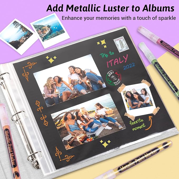 SAKEYR Metallic Acrylic Paint Markers - 1.0mm Fine Tip Glitter Paint Pens for Rock Painting, Stone, Glass, Ceramic, Wood, Fabric, Black Paper, Scrapbook Journals, Photo Albums, DIY Crafts (12 Colors)