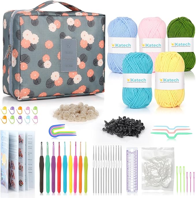 Katech Crochet Kit for Beginners-Crochet Starter Kits with Yarn w/Tutorial | Crochet Kits Includes 382 Yards Yarn Balls, Hooks, Accessories, Tutorials, Ideal Craft Gift for Kids Adults Professionals