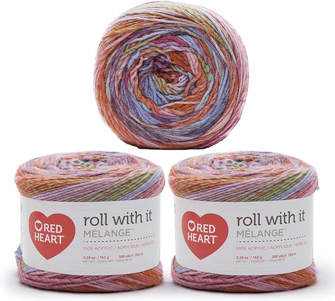 Red Heart Roll with It Melange Yarn for Crocheting, Hollywood, 3-Pack