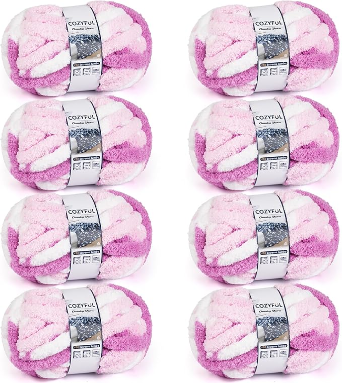 Cozyful Chunky Yarn for Hand Knitting - #10 Chunky Chenille Blanket Yarn, Jumbo Big Thick Chunky Yarns for Crocheting, Tie Dye Bulky Knit Yarns, 8 Skein (20 yds 8 oz Each Skein), White & Pink & Rose