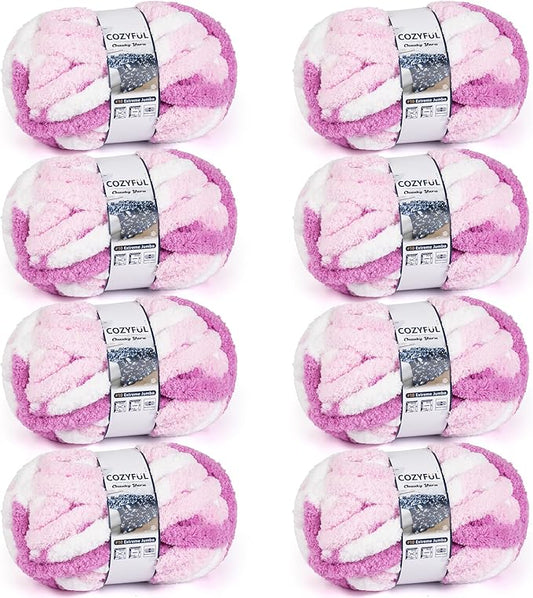 Cozyful Chunky Yarn for Hand Knitting - #10 Chunky Chenille Blanket Yarn, Jumbo Big Thick Chunky Yarns for Crocheting, Tie Dye Bulky Knit Yarns, 8 Skein (20 yds 8 oz Each Skein), White & Pink & Rose