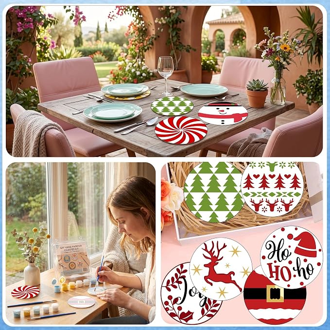 8 Pack Christmas Paint by Numbers Kits Coasters with Holder Cork Pads | Xmas Paint by Number Kits for Adults Simple Round Oil Painting Coaster for Small DIY Craft Holiday Birthday Gift 3.9x3.9in